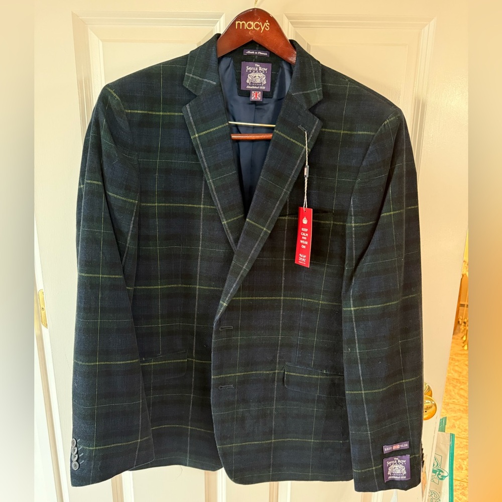 Men's Green Plaid Blazer - The Saville Row Company. Size 44R. BNWT